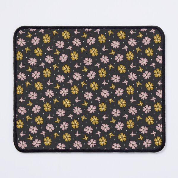 Item preview, Dark Moody Flowers and Butterflies in Pink and Golden Yellow on Black designed and sold by EliveraDesigns.