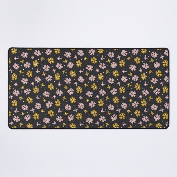 Item preview, Dark Moody Flowers and Butterflies in Pink and Golden Yellow on Black designed and sold by EliveraDesigns.