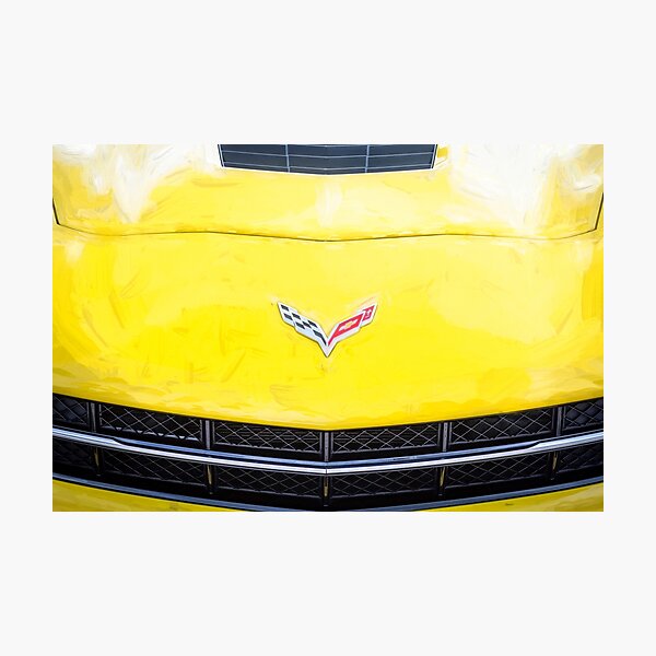 Item preview, 2014 Corvette Stingray Coupe Velocity Yellow Hood Badge Poster designed and sold by RichFrancoCars.