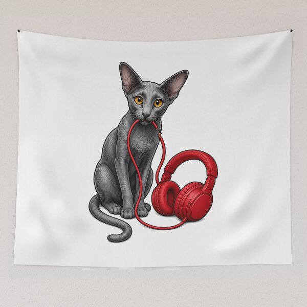Item preview, Oriental Cat Chewing Headphones Cable Art designed and sold by Old's Cool Cat Studio.