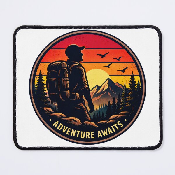 Item preview, Adventure Awaits Hiker Sunset Badge designed and sold by GabeMountainArt.