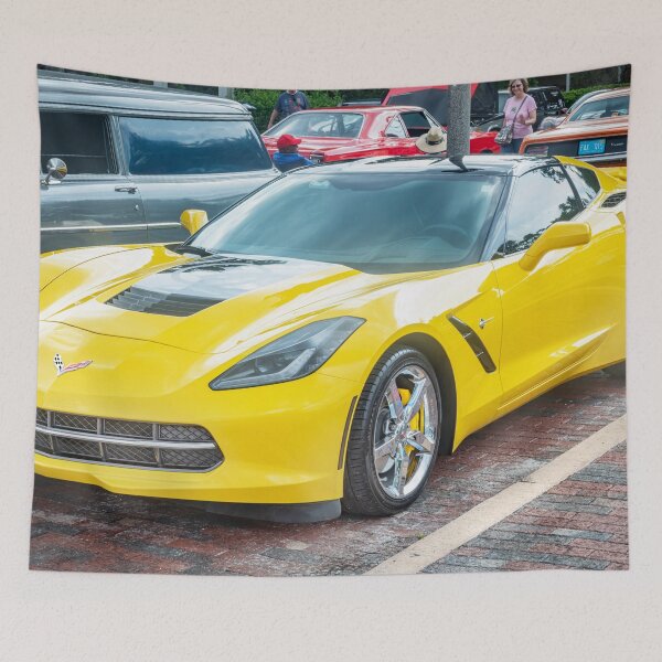 Item preview, 2014 Corvette Stingray Coupe Velocity Yellow Hood Badge Poster designed and sold by RichFrancoCars.