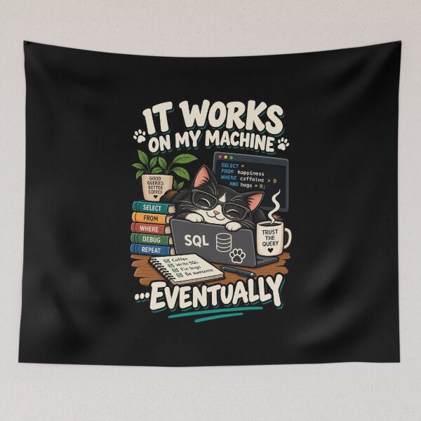 Item preview, It Works On My Machine Eventually Funny SQL Programmer Cat designed and sold by Ridaelb.