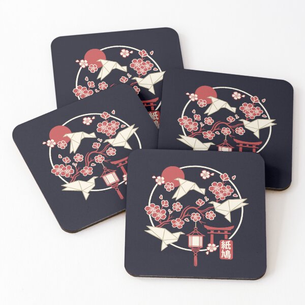 Item preview, Geometric origami Doves Flying Around Sakura Cherry Blossoms - Japanese Torii Gate and Red Sun Art designed and sold by NemiMakeit.