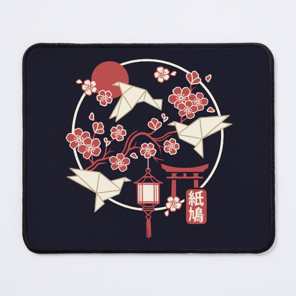 Item preview, Geometric origami Doves Flying Around Sakura Cherry Blossoms - Japanese Torii Gate and Red Sun Art designed and sold by NemiMakeit.