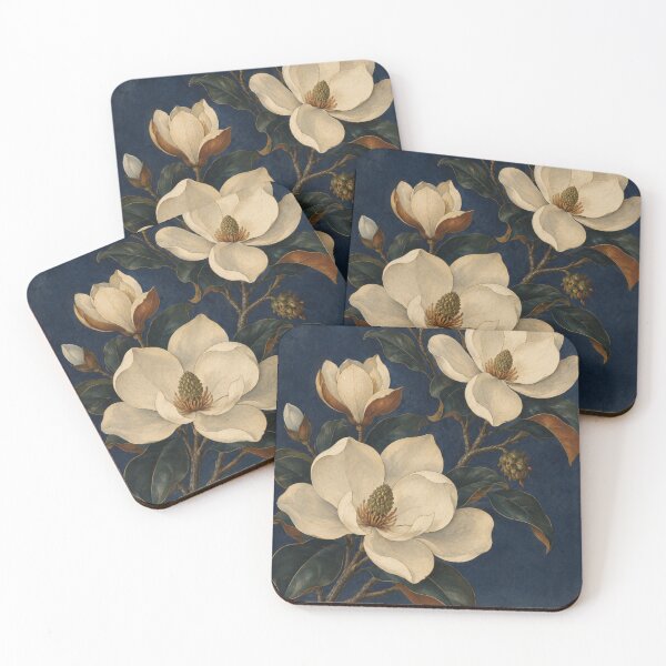 Item preview, White magnolia branch botanical illustration on deep blue designed and sold by Rue Design Company.
