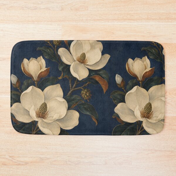 Item preview, White magnolia branch botanical illustration on deep blue designed and sold by Rue Design Company.