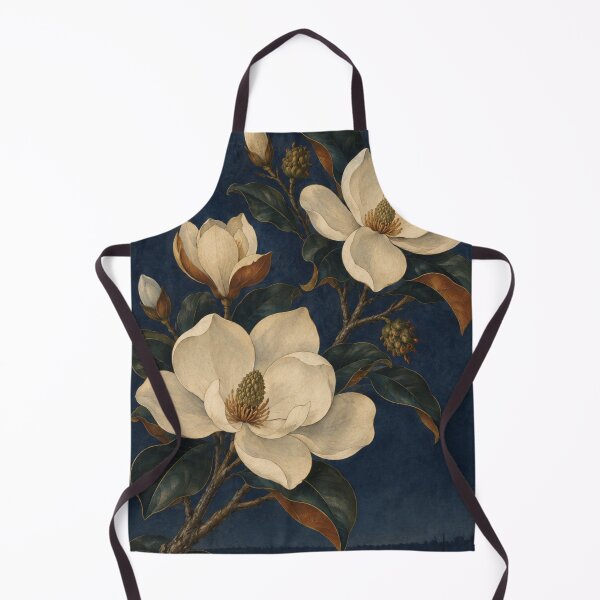 Item preview, White magnolia branch botanical illustration on deep blue designed and sold by Rue Design Company.
