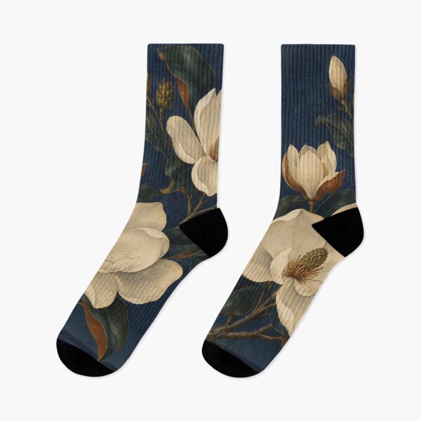 Item preview, White magnolia branch botanical illustration on deep blue designed and sold by Rue Design Company.