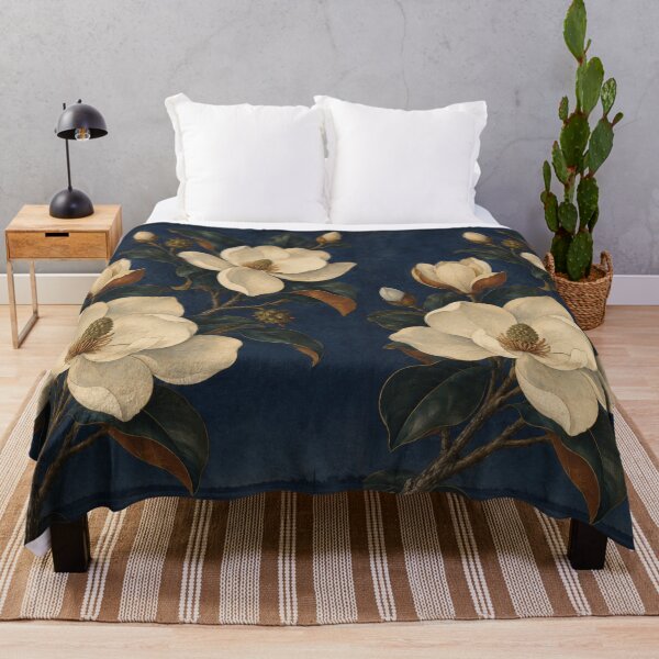 Item preview, White magnolia branch botanical illustration on deep blue designed and sold by Rue Design Company.