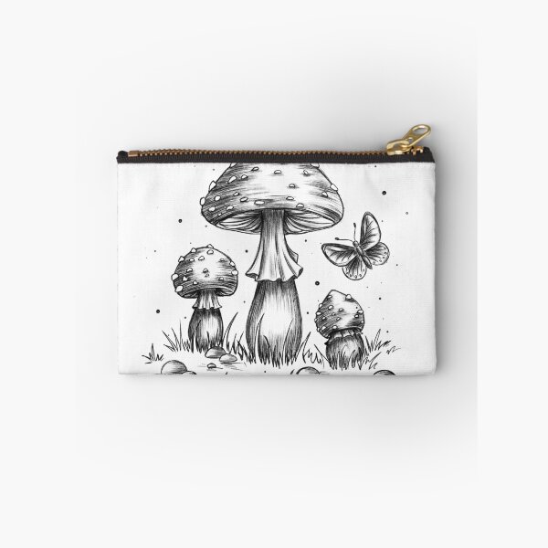 Item preview, Boho-cottagecore style mushroom T-shirt, fly agaric mushroom tee, gift for mushroom lovers, vintage-style botanical print T-shirt, cute whimsical woodland-themed tee. Black and white. designed and sold by ArtbySvetik.