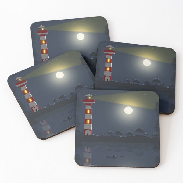 Item preview, Lighthouse illuminating lake with fisherman during evening with moon  designed and sold by Nickadon.