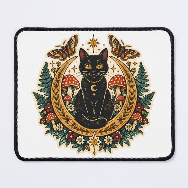 Item preview, Mystical Black Cat Moon with Mushrooms – Witchy Gothic Cottagecore Art designed and sold by PT PROJECT.