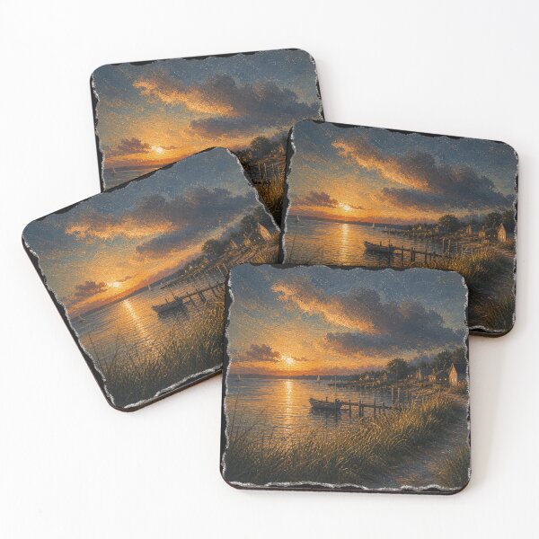 Item preview, Sunset Dock • Coastal Waterfront Painting • Golden Hour Ocean Scene Art designed and sold by kevnmel1964.