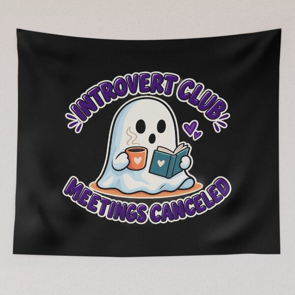 Item preview, Introvert Club Meetings Canceled - Cute Ghost Reading Coffee Funny Quote designed and sold by Final Chance Designs⭐️⭐️⭐️⭐️⭐️.