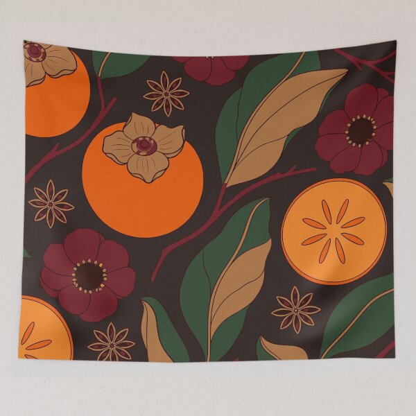 Item preview, Persimmon and Anemone Autumn Folk Botanical Pattern designed and sold by BelievingCreate.