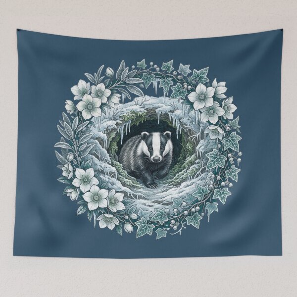 Item preview, Winter Badger in Snowy Burrow with Frosty Wreath designed and sold by BirdsnStuff.