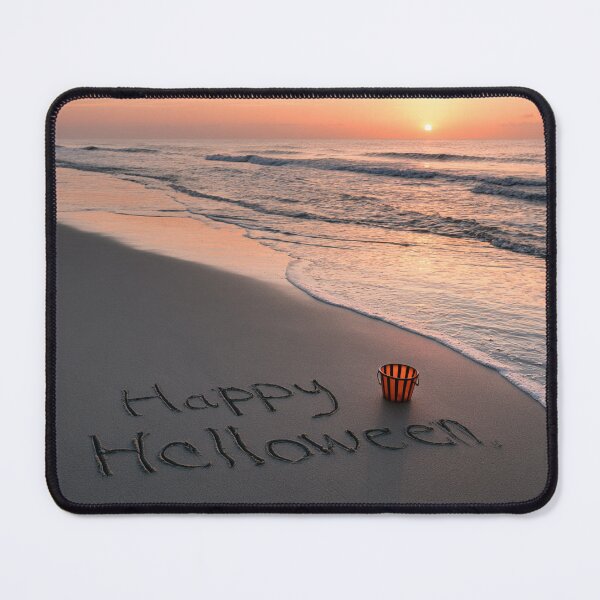 Item preview, Happy Halloween Sand Inscription With Pumpkin Bucket At Sunset Shoreline designed and sold by chase-thewave.