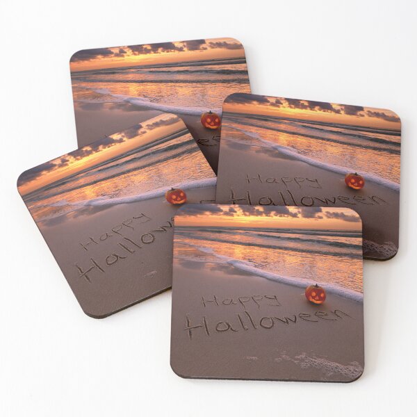 Item preview, Happy Halloween Sand Inscription With Glowing Jack-O-Lantern At Sunset Shoreline designed and sold by chase-thewave.