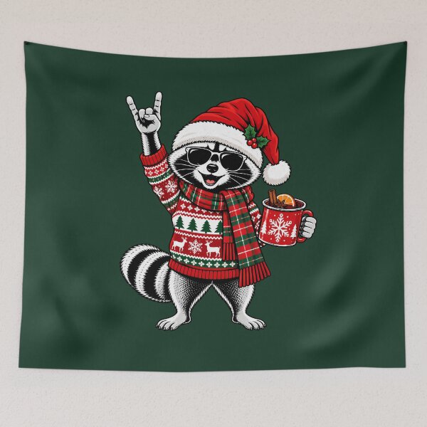 Item preview, Cool Christmas Raccoon with Mulled Wine Rock Hand designed and sold by Infinitee8hirts.