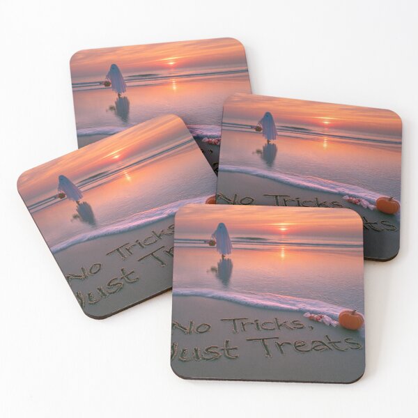 Item preview, No Tricks Just Treats Sand Inscription With Ghost And Pumpkin At Sunset designed and sold by chase-thewave.