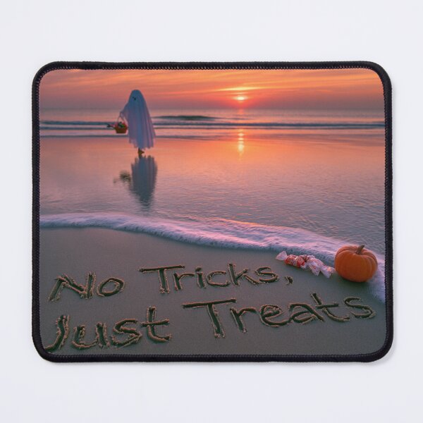 Item preview, No Tricks Just Treats Sand Inscription With Ghost And Pumpkin At Sunset designed and sold by chase-thewave.