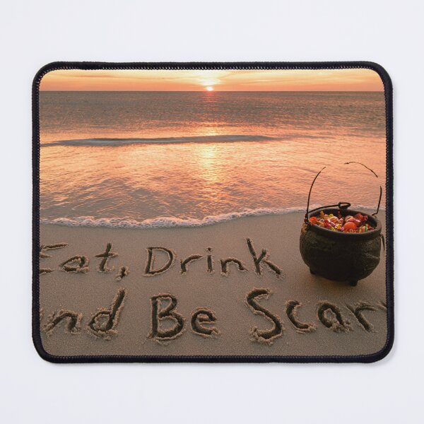 Item preview, Eat Drink And Be Scary Sand Inscription With Candy Cauldron At Sunset Shoreline designed and sold by chase-thewave.