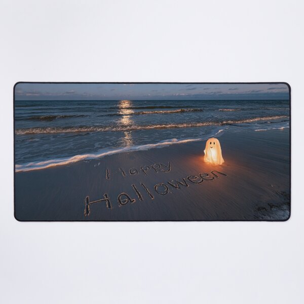 Item preview, Happy Halloween Sand Inscription With Glowing Ghost Figure Under Moonlit Shoreline designed and sold by chase-thewave.
