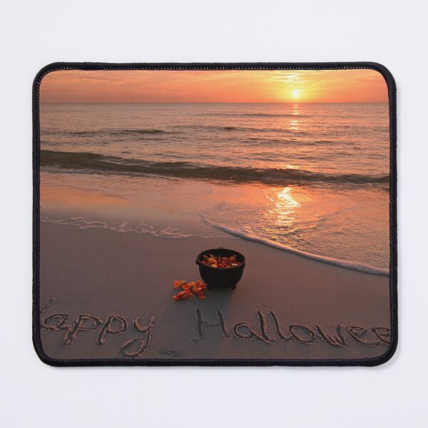Item preview, Happy Halloween Sand Inscription With Candy Cauldron At Sunset Shoreline designed and sold by chase-thewave.
