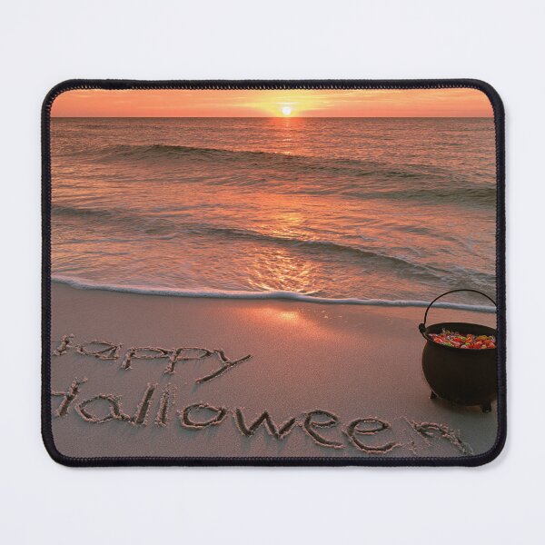 Item preview, Happy Halloween Sand Inscription With Candy Cauldron At Sunset Shoreline designed and sold by chase-thewave.