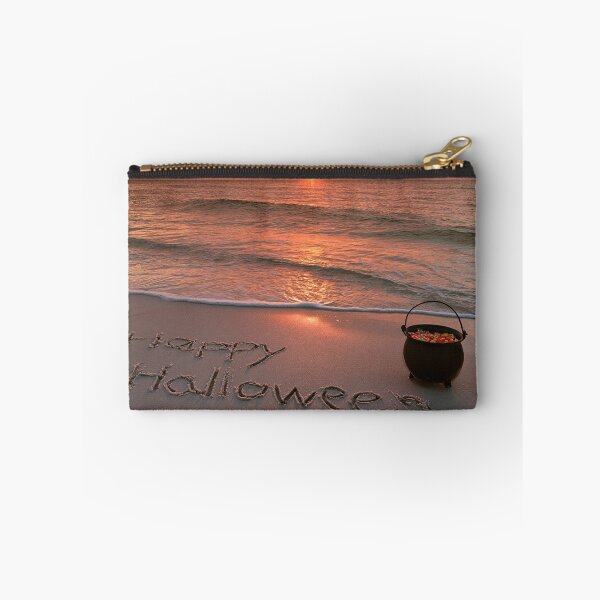 Item preview, Happy Halloween Sand Inscription With Candy Cauldron At Sunset Shoreline designed and sold by chase-thewave.