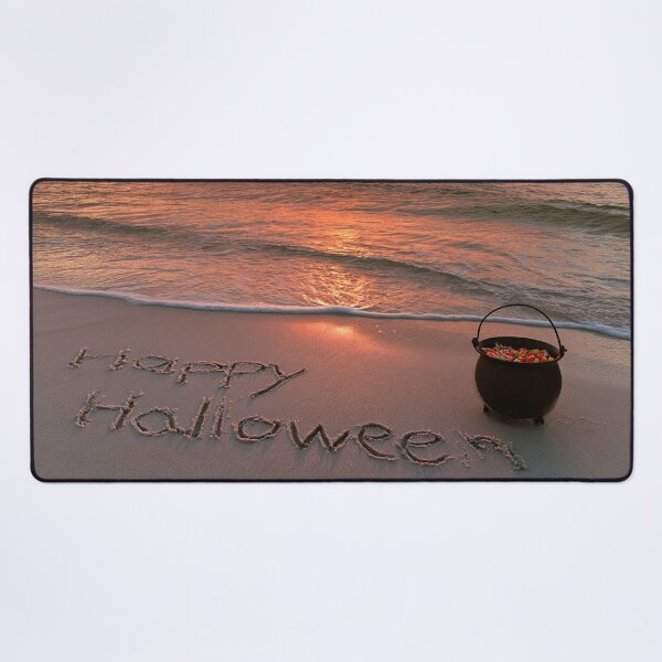 Item preview, Happy Halloween Sand Inscription With Candy Cauldron At Sunset Shoreline designed and sold by chase-thewave.