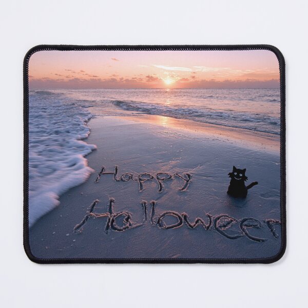 Item preview, Happy Halloween Sand Inscription With Black Cat Figure At Sunset Beach designed and sold by chase-thewave.