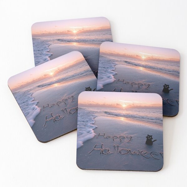Item preview, Happy Halloween Sand Inscription With Black Cat Figure At Sunset Beach designed and sold by chase-thewave.