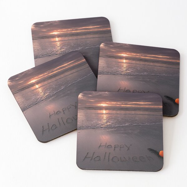 Item preview, Happy Halloween Sand Inscription With Pumpkin And Black Feather At Sunset designed and sold by chase-thewave.