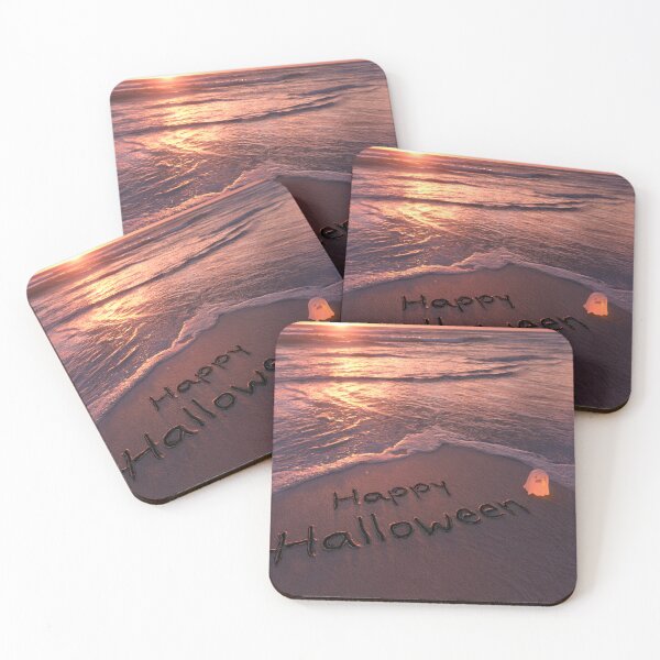Item preview, Happy Halloween Sand Inscription With Glowing Ghost Figure At Sunset Shoreline designed and sold by chase-thewave.
