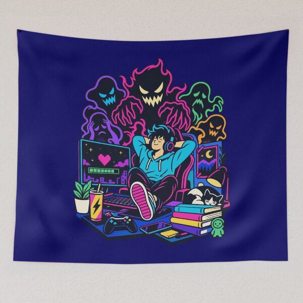Item preview, Spooky Neon Gaming Room with Ghosts designed and sold by karamram.