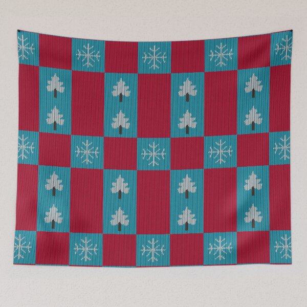 Item preview, Red and Teal Knitted Christmas Checkerboard Pattern - Snowflake and Pine Tree Grid designed and sold by Caterina@.