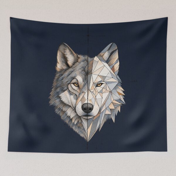 Item preview, Dual Spirit Wolf – Geometric & Realistic Wolf Head Art designed and sold by thatskawaii.