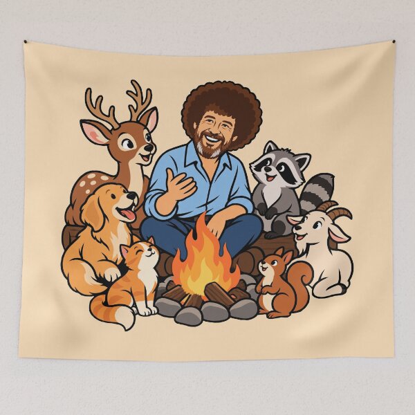 Item preview, Bob Ross with Woodland Animals Around a Campfire designed and sold by karamram.