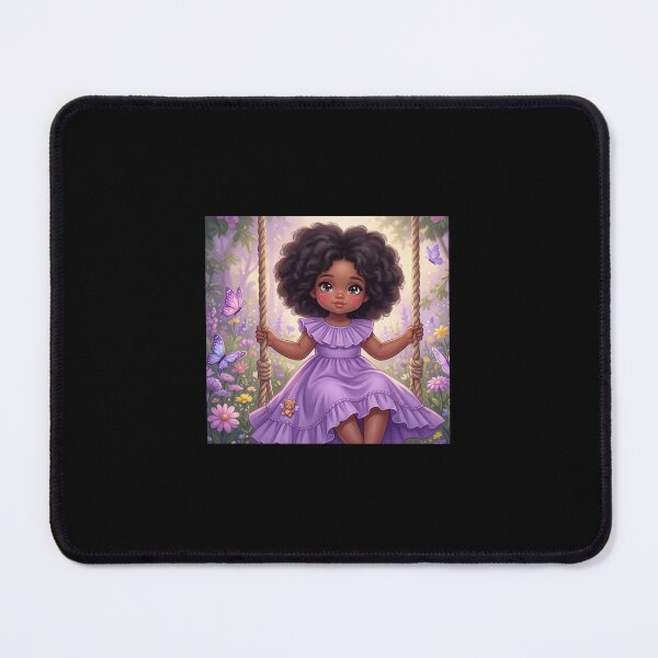 Item preview, Whimsical Digital Painting of a Young Black Girl with an Afro in a Purple Dress on a Swing Surrounded by Butterflies designed and sold by TheModernMuslimchibi&more .