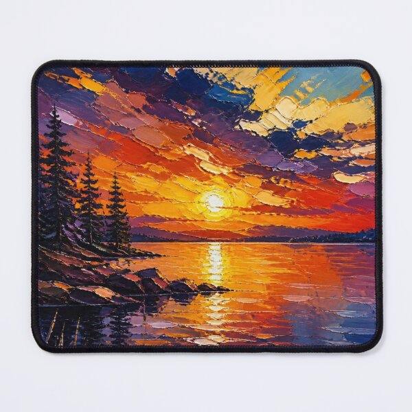 Item preview, Fiery Sunset Glow Over Mountain Lake Oil Painting designed and sold by NinaVibeStudio.