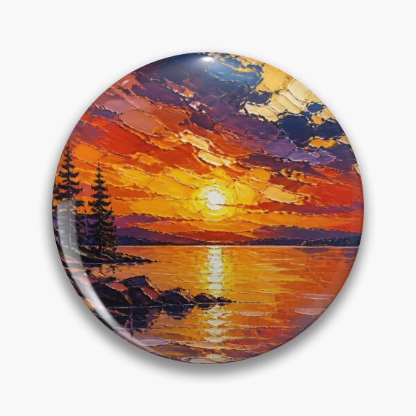 Item preview, Fiery Sunset Glow Over Mountain Lake Oil Painting designed and sold by NinaVibeStudio.