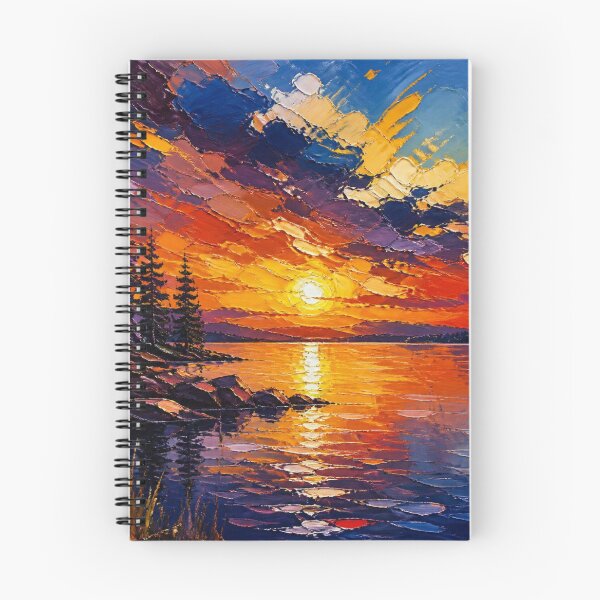 Item preview, Fiery Sunset Glow Over Mountain Lake Oil Painting designed and sold by NinaVibeStudio.