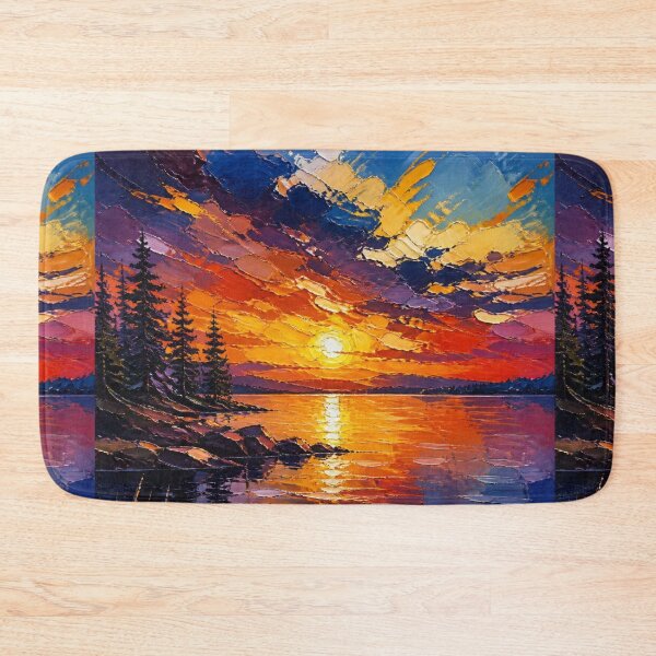 Item preview, Fiery Sunset Glow Over Mountain Lake Oil Painting designed and sold by NinaVibeStudio.