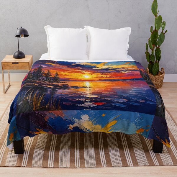 Item preview, Fiery Sunset Glow Over Mountain Lake Oil Painting designed and sold by NinaVibeStudio.