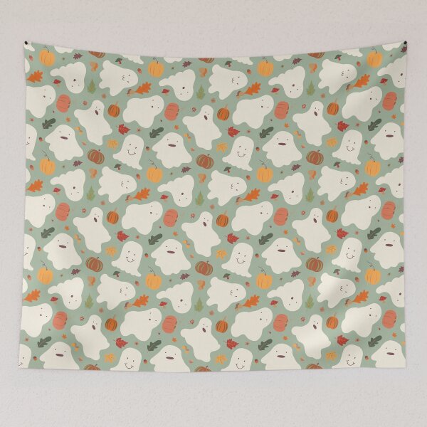 Item preview, Kawaii Autumnal Ghosts in Smoke Green designed and sold by YesterdayColl.