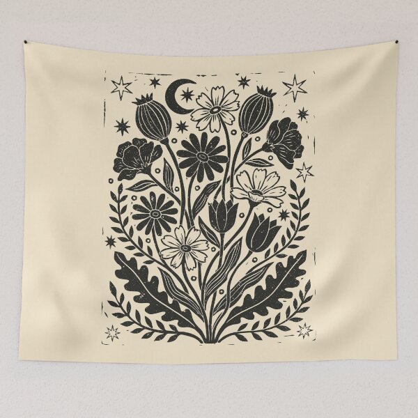 Item preview, Celestial Flowers Dark Floral Gothic Boho Linocut  designed and sold by Y-Vibes.