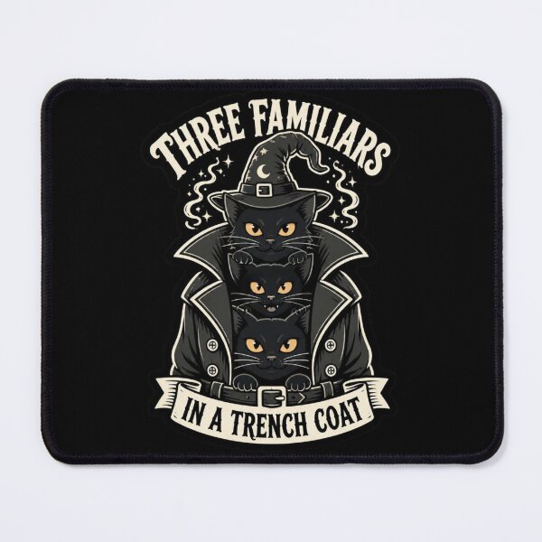 Item preview, Three Familiars In A Trench Coat Shirt Black Cats Wizard Halloween Tee designed and sold by Dice_Goblin_Studio.