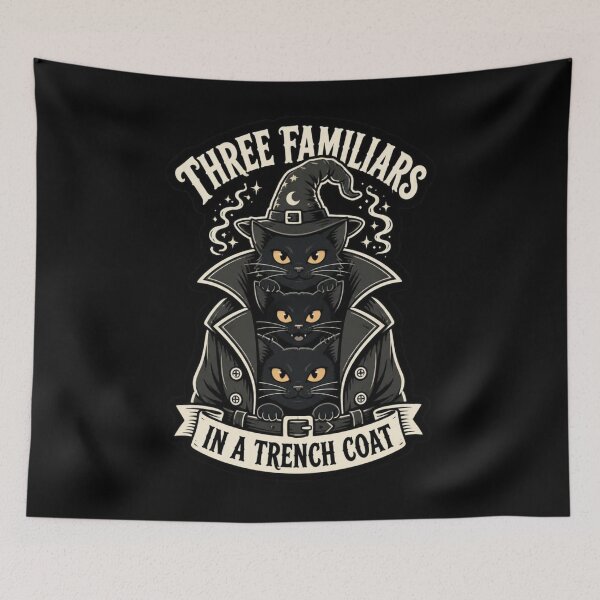 Item preview, Three Familiars In A Trench Coat Shirt Black Cats Wizard Halloween Tee designed and sold by Dice_Goblin_Studio.